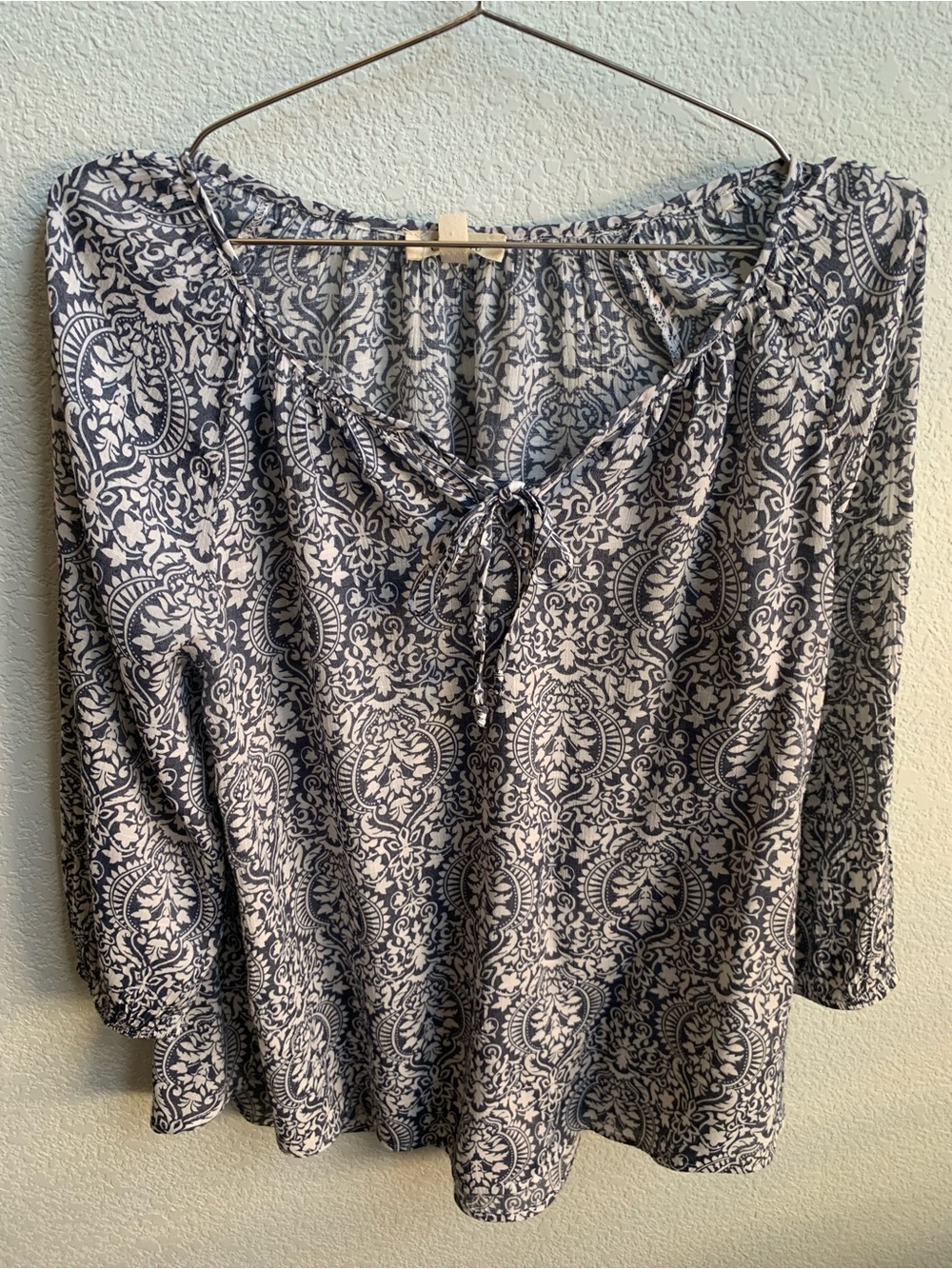 Navy and White Printed Tie-Front Tunic Top